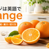 ネーブルオレンジ、ブラッドオレンジ、輪切りとくし切り、果汁を見ながらorangeの英語表現を学ぶアイキャッチ