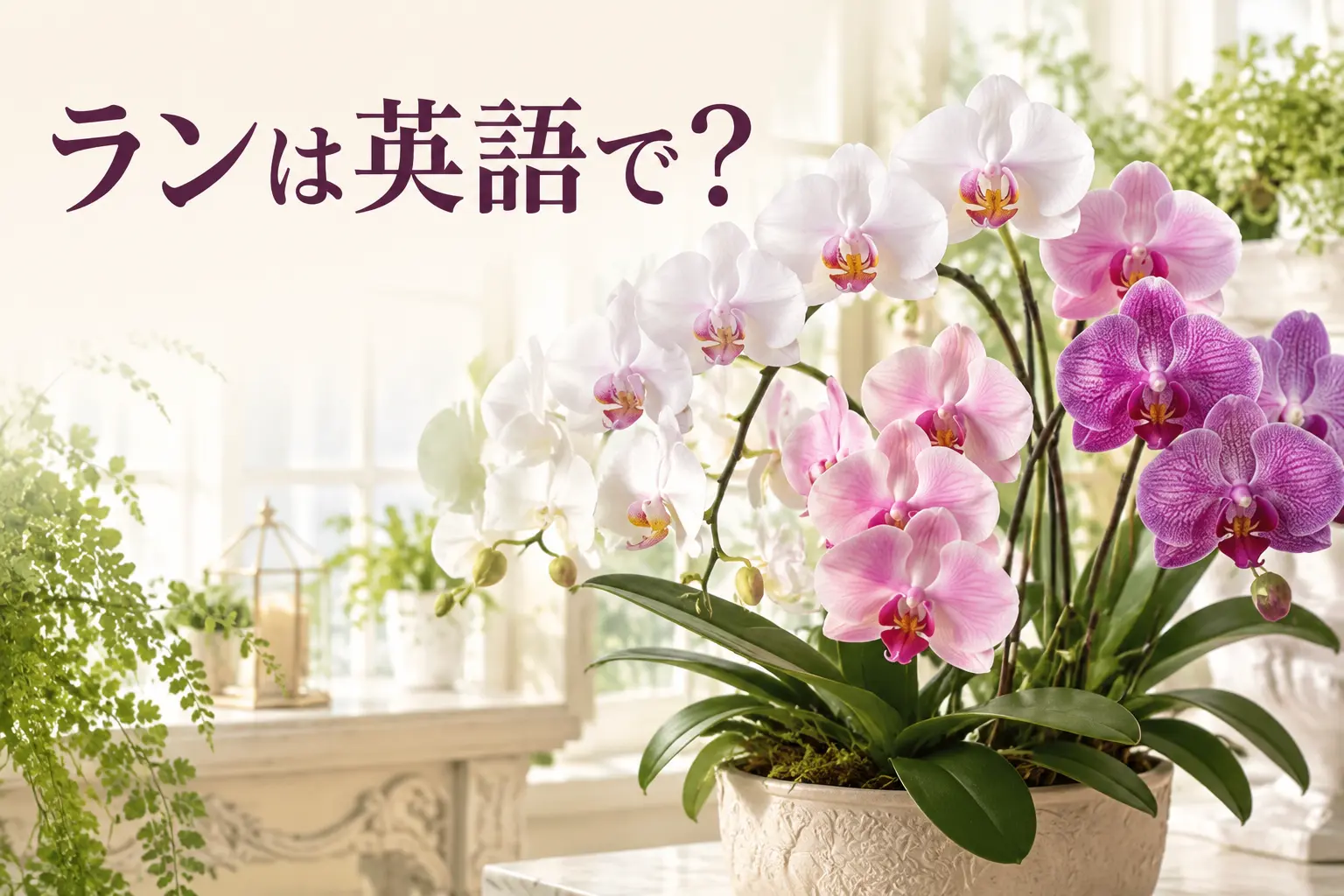 白・ピンク・紫のランの花と「ランは英語で?」の文字