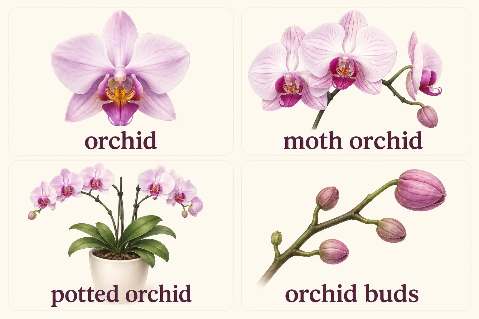 orchid・moth orchid・potted orchid・orchid budsを比較した図