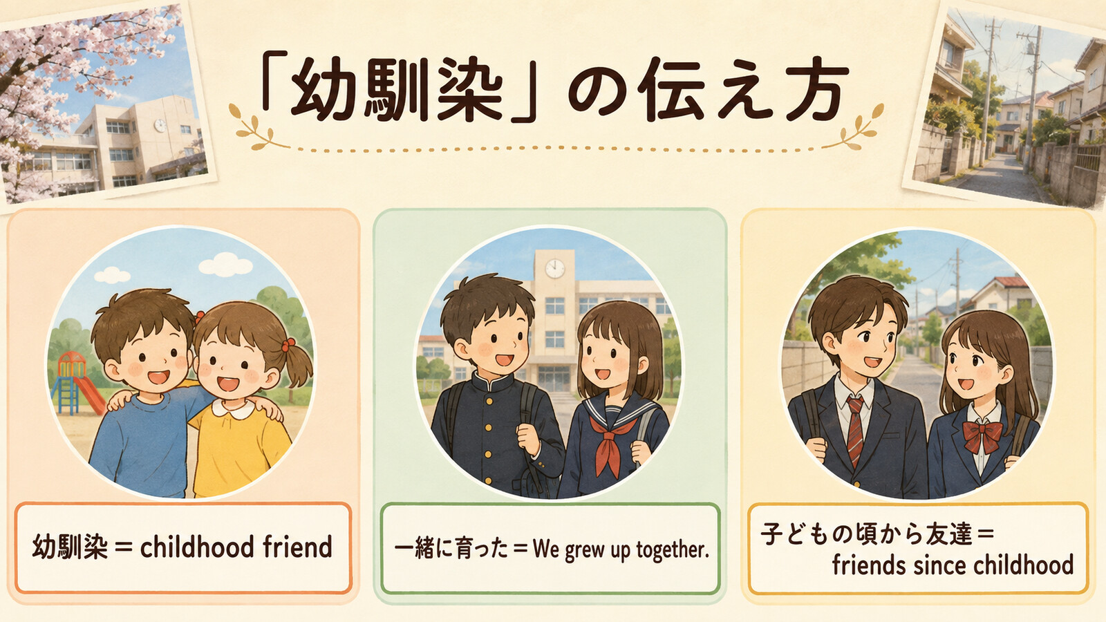 幼馴染を表す childhood friend、We grew up together、friends since childhood