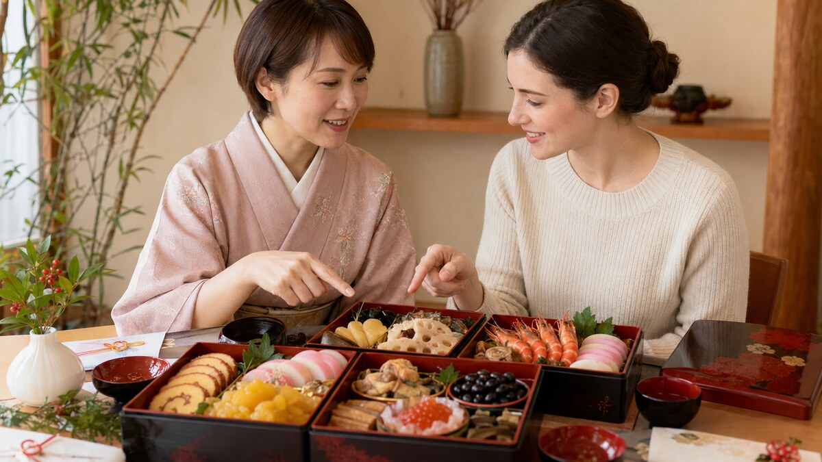 重箱のおせち料理を見ながら英語で説明する女性たち