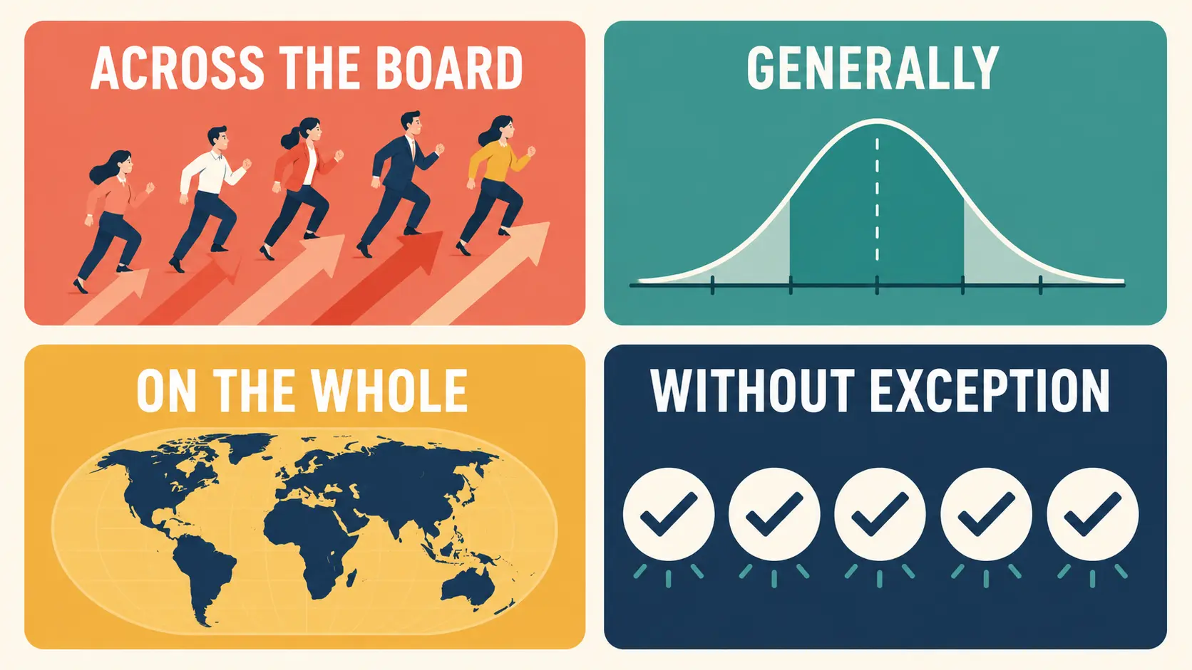 across the board、generally、on the whole、without exceptionの違い