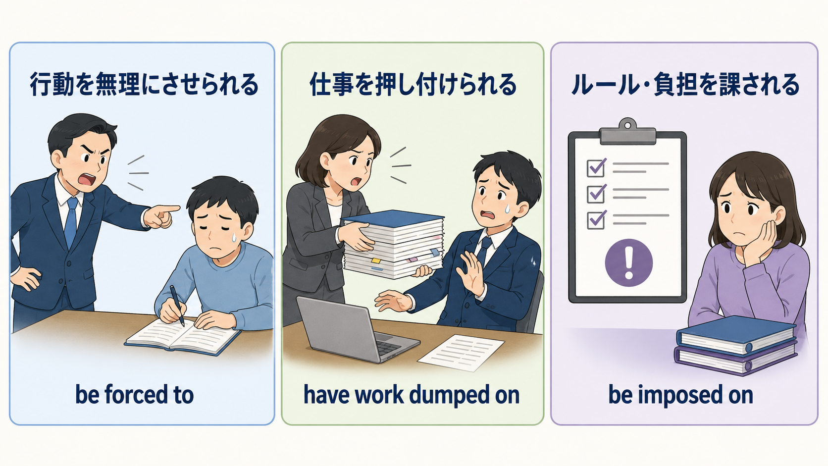 be forced to・have work dumped on・be imposed onで表す「押し付けられる」の違い