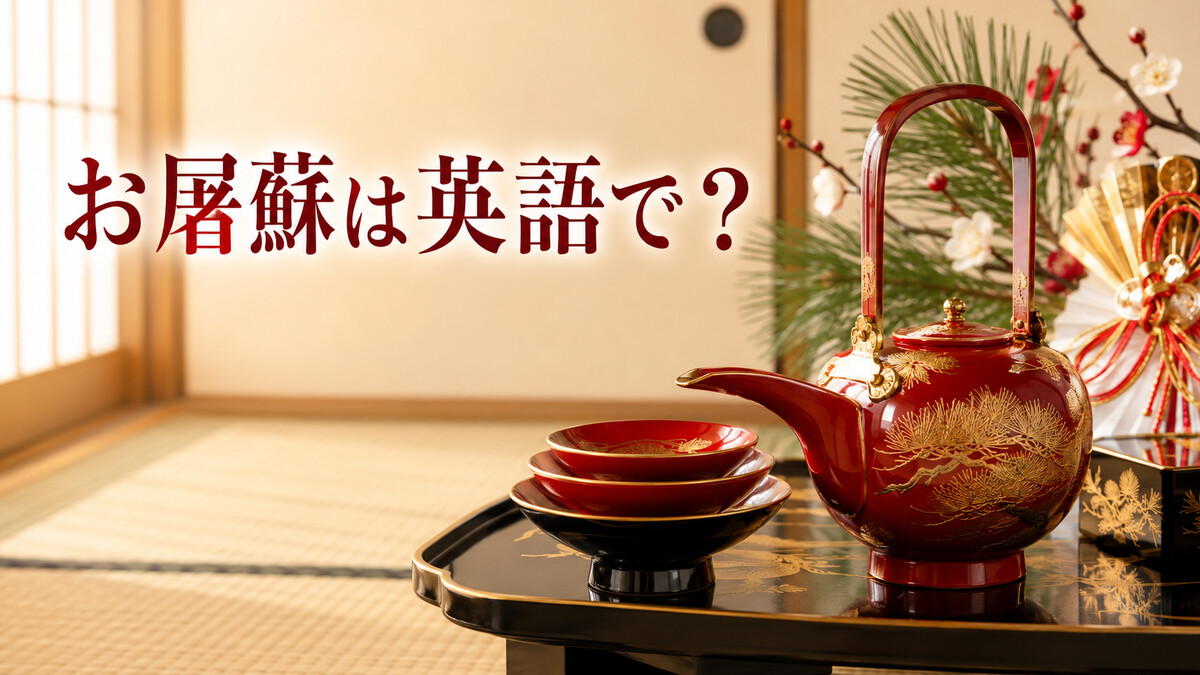 お屠蘇は英語で? 朱塗りの銚子と三つ重ねの盃
