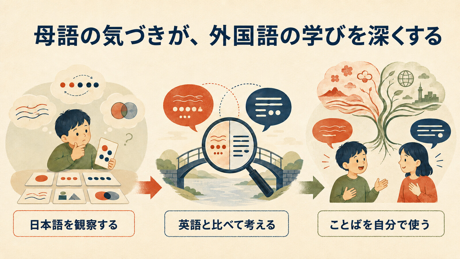 日本語を観察し英語と比べてことばを使う学習過程の図解