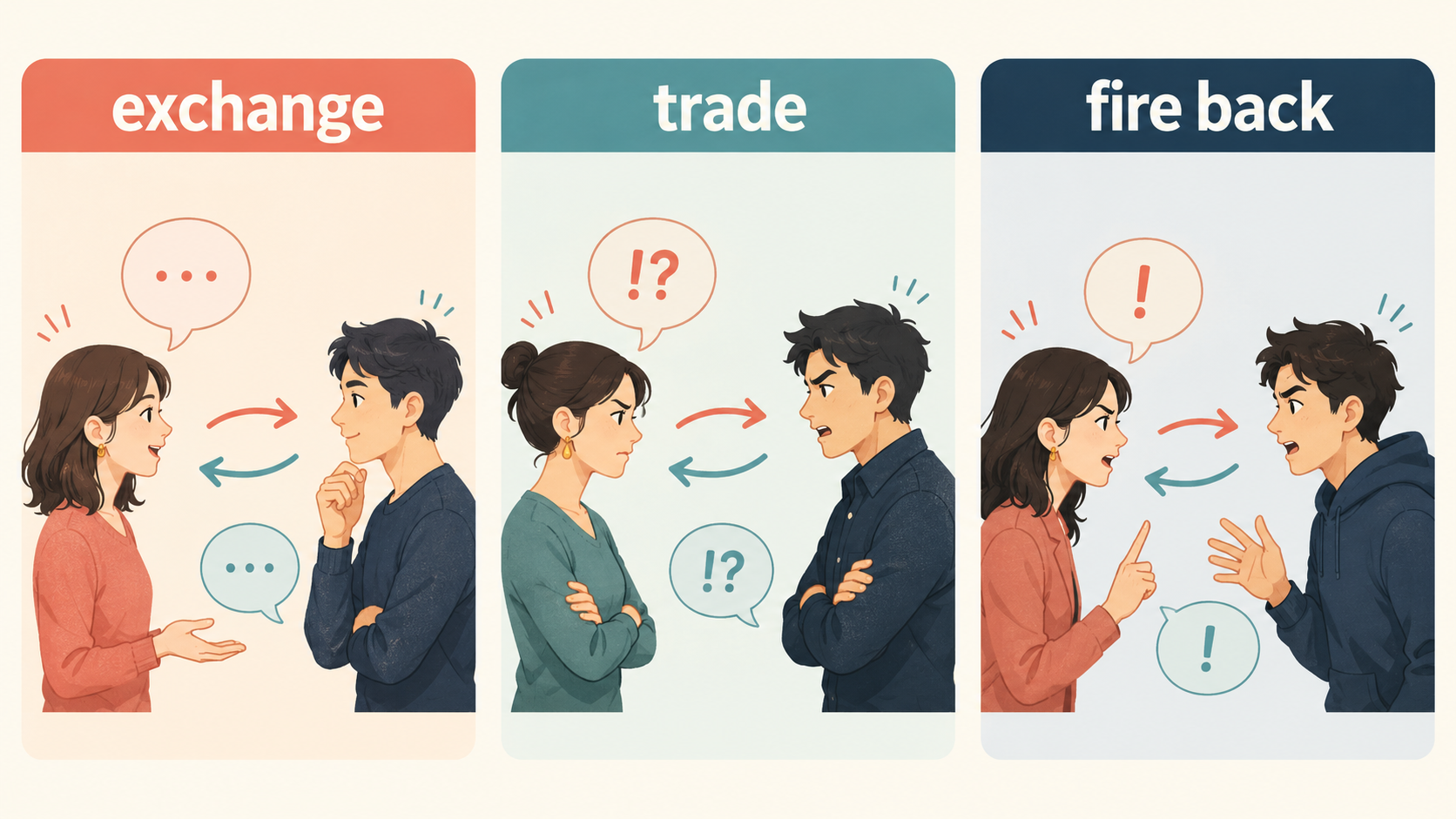 exchange・trade・fire backで応酬する場面の違い