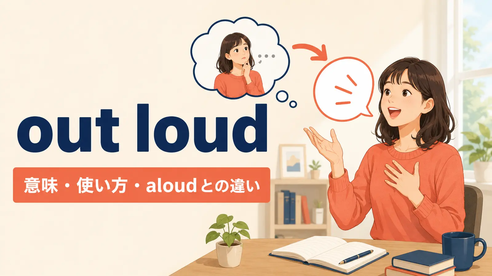out loudの意味・使い方とaloudとの違いを解説するアイキャッチ