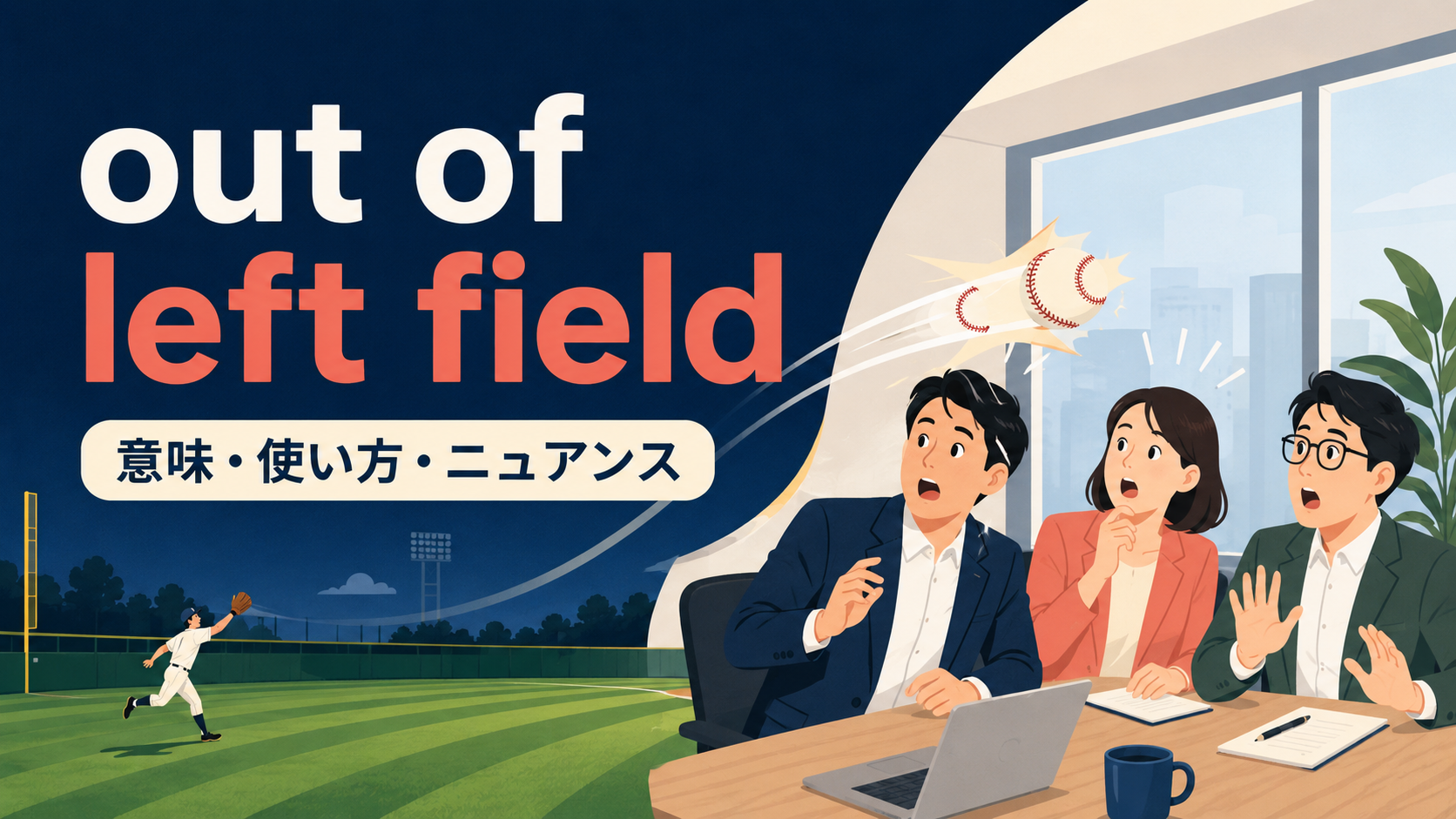 out of left fieldの意味・使い方・ニュアンスを解説するアイキャッチ画像
