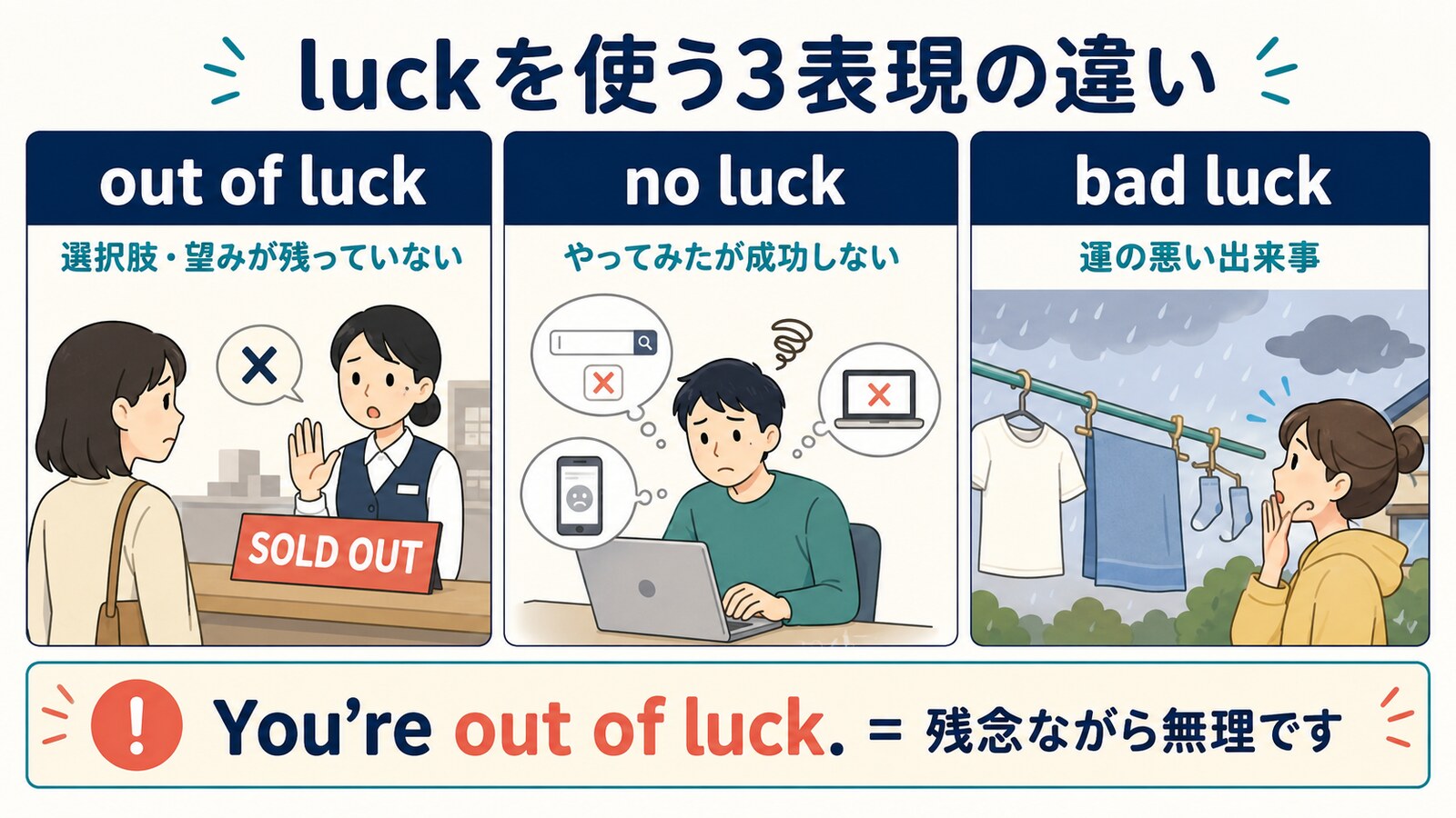 out of luck・no luck・bad luckのニュアンスの違い