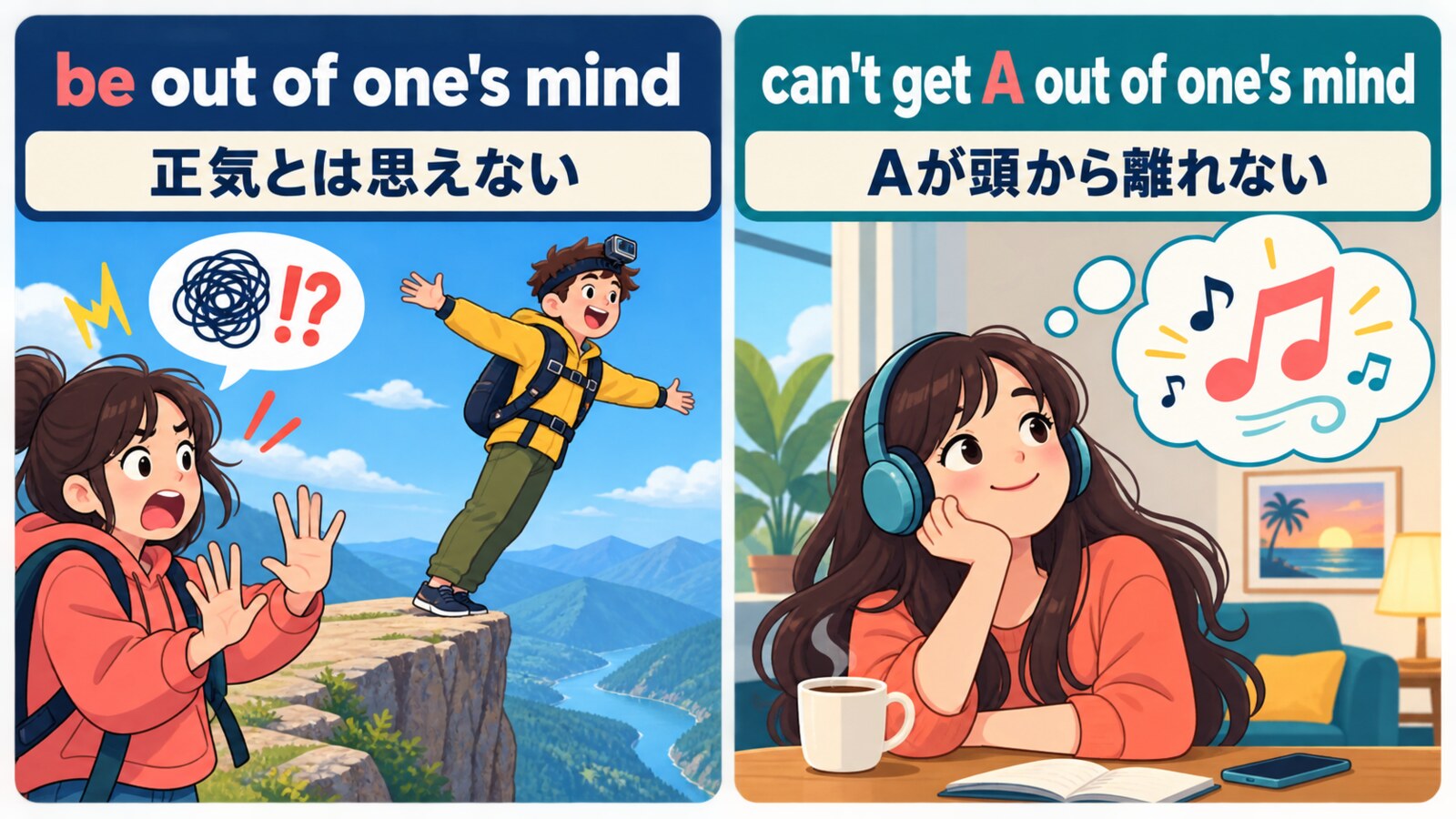 be out of one's mindとcan't get A out of one's mindの違いを示す解説図
