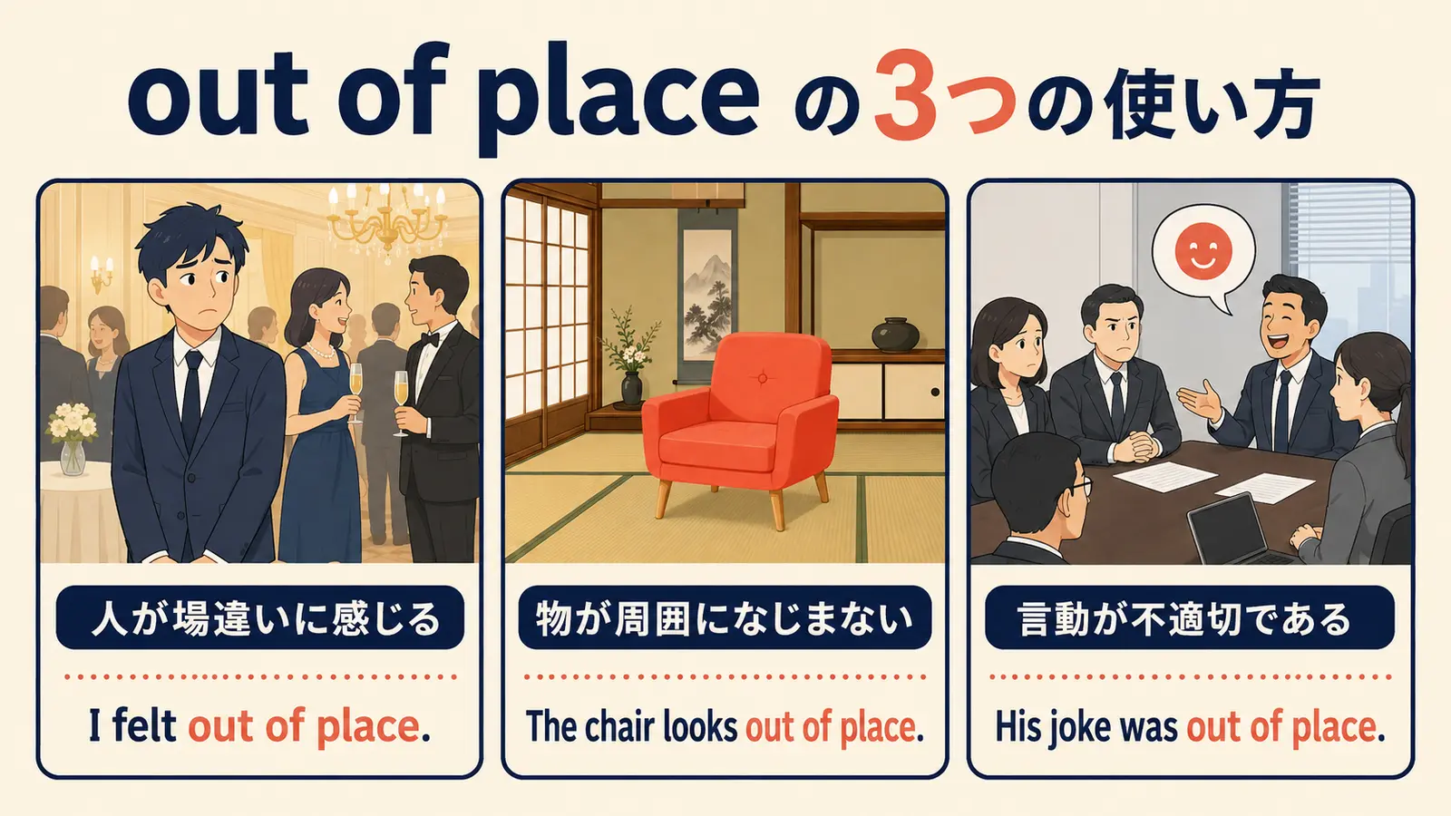 out of placeの3つの使い方：人が場違いに感じる、物が周囲になじまない、言動が不適切