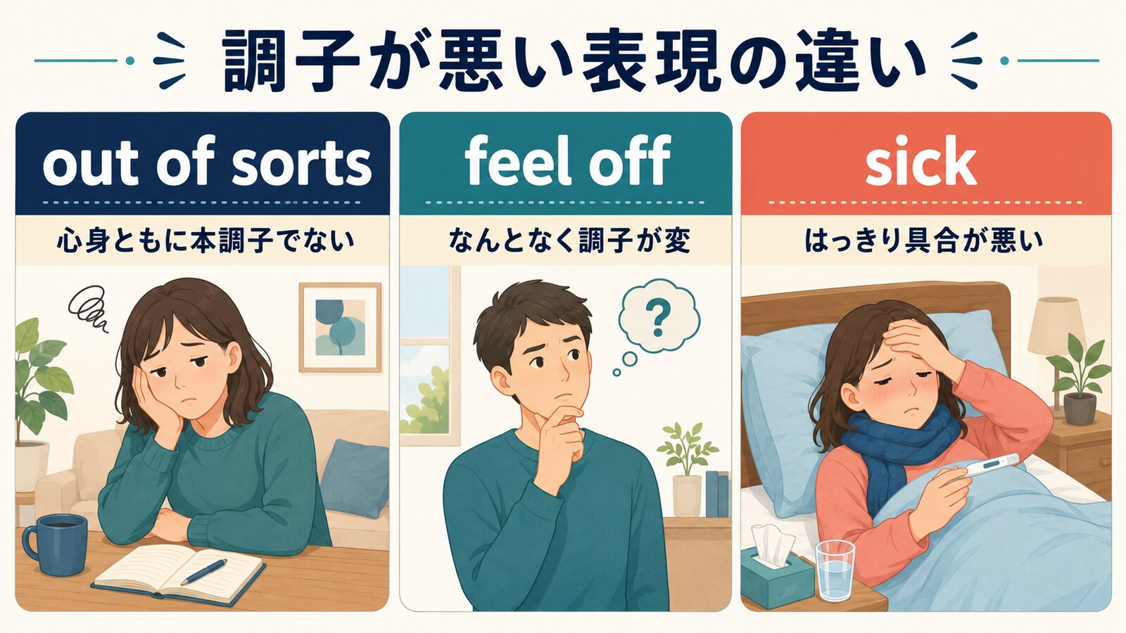 out of sorts・feel off・sickのニュアンスの違い