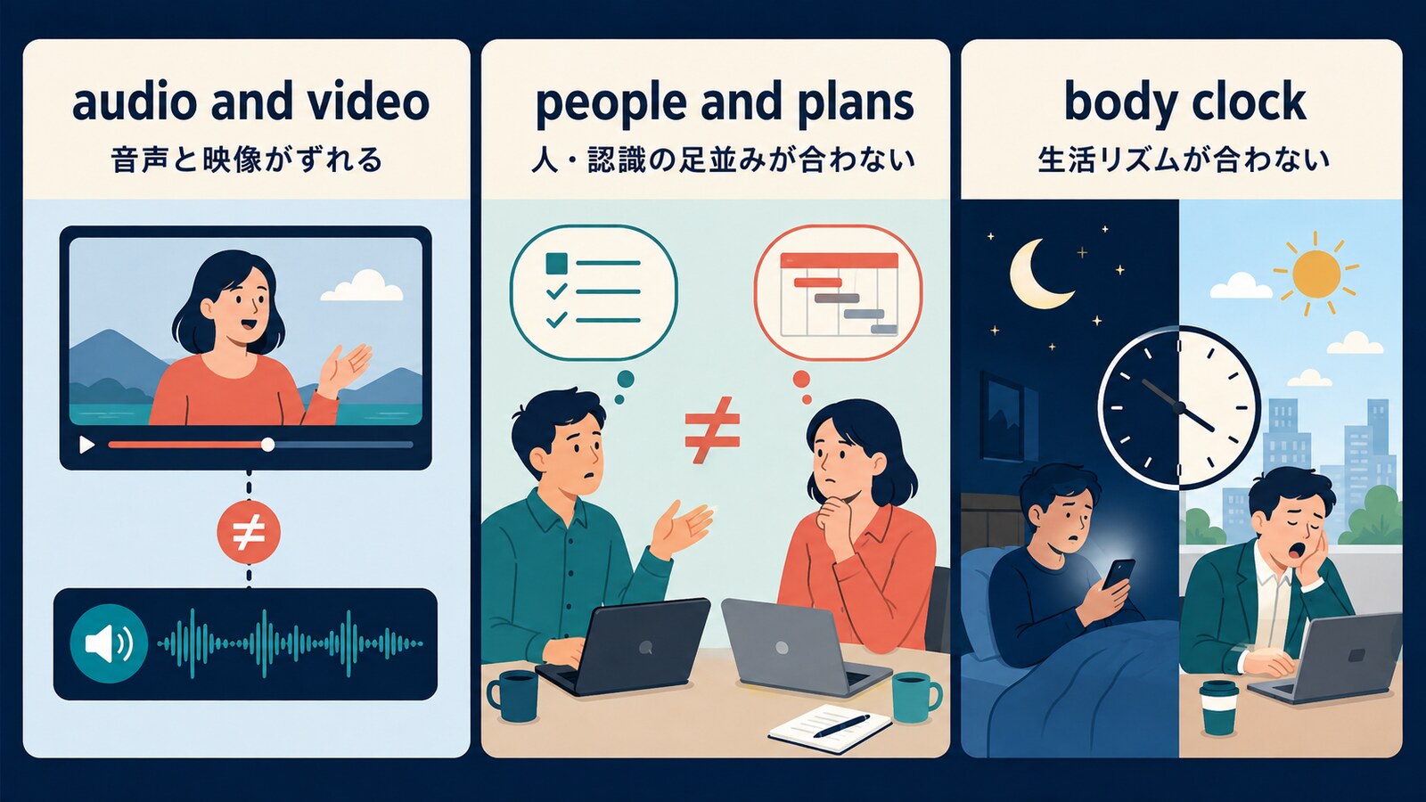 音声と映像、人と計画、生活リズムで使うout of syncの解説図