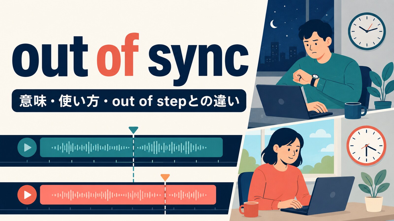 out of syncの意味とout of stepとの違いを表すアイキャッチ画像