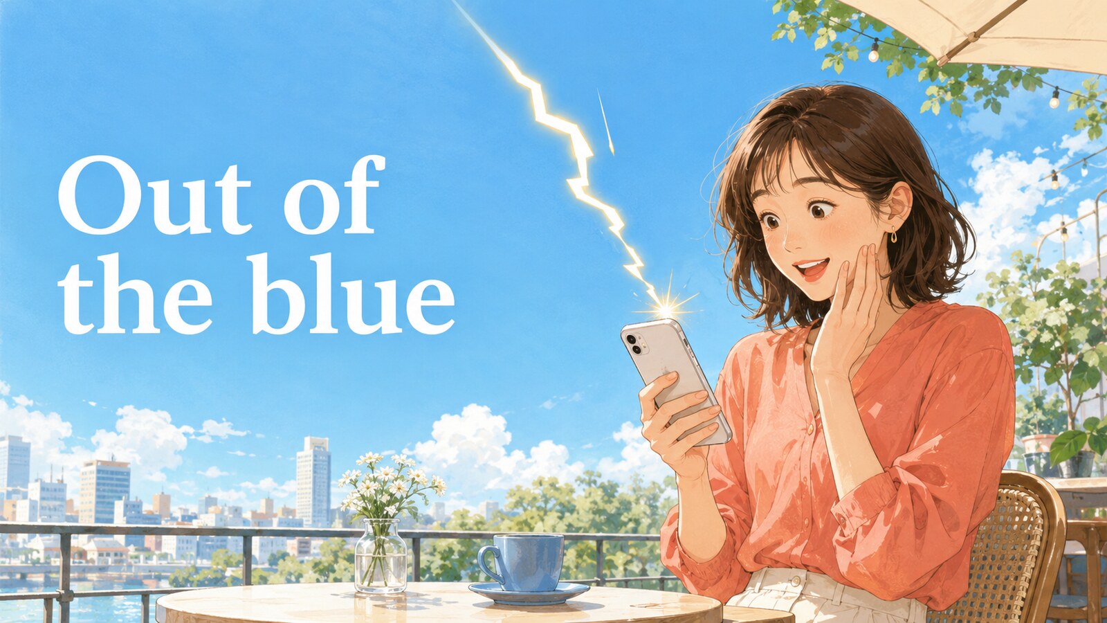 Out of the blueの意味を表すアイキャッチイラスト
