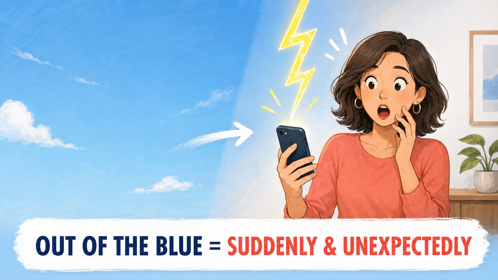 Out of the blueは突然・予想外という意味を示すイラスト