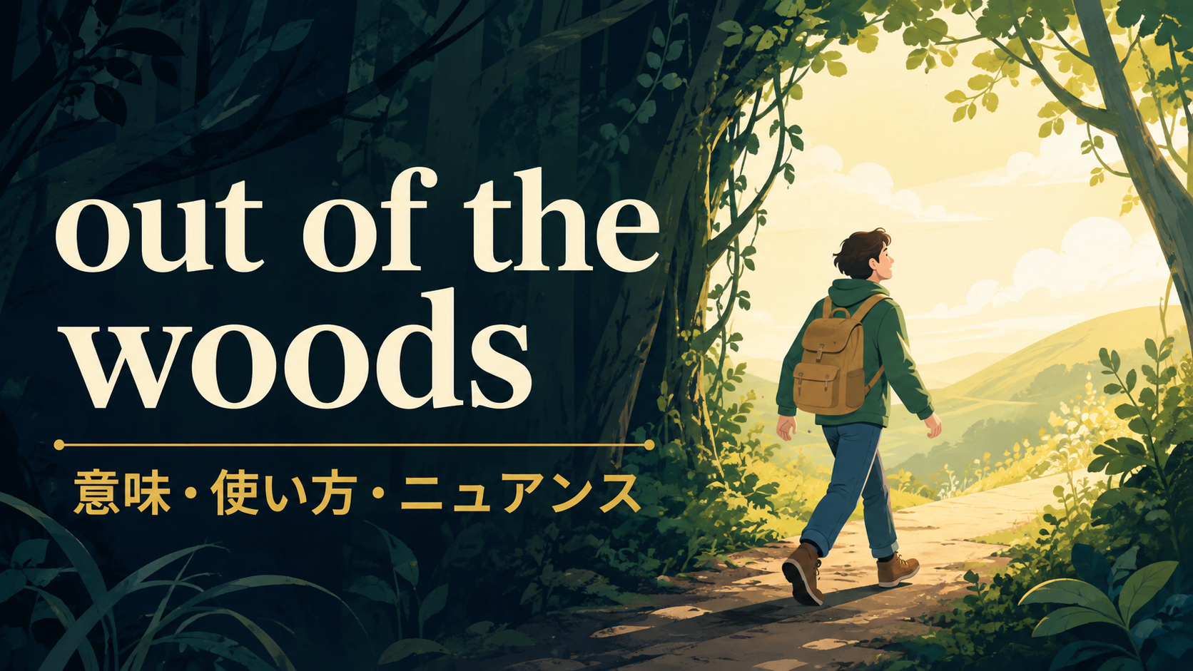 out of the woodsの意味・使い方・ニュアンスを解説するアイキャッチ画像