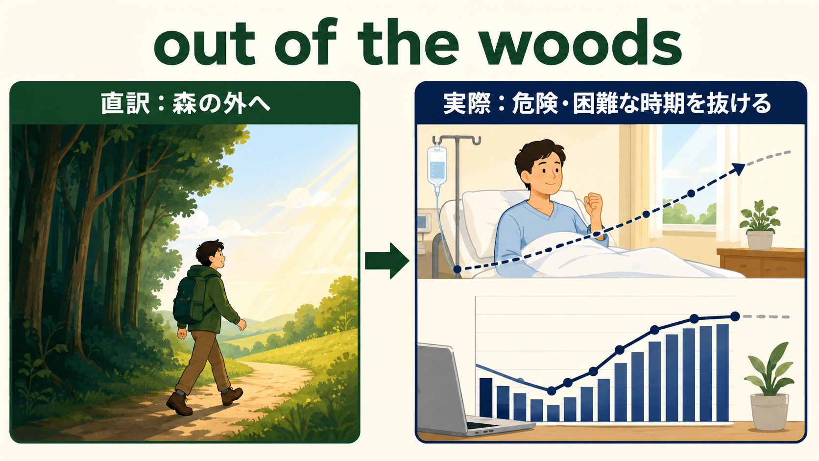 out of the woodsの直訳「森の外へ」と危険や困難な時期を抜けるという実際の意味の比較