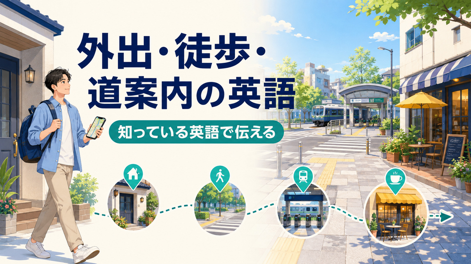 「外出・徒歩・道案内の英語 知っている英語で伝える」と書かれ、家から駅やカフェへ歩く人を描いたイラスト