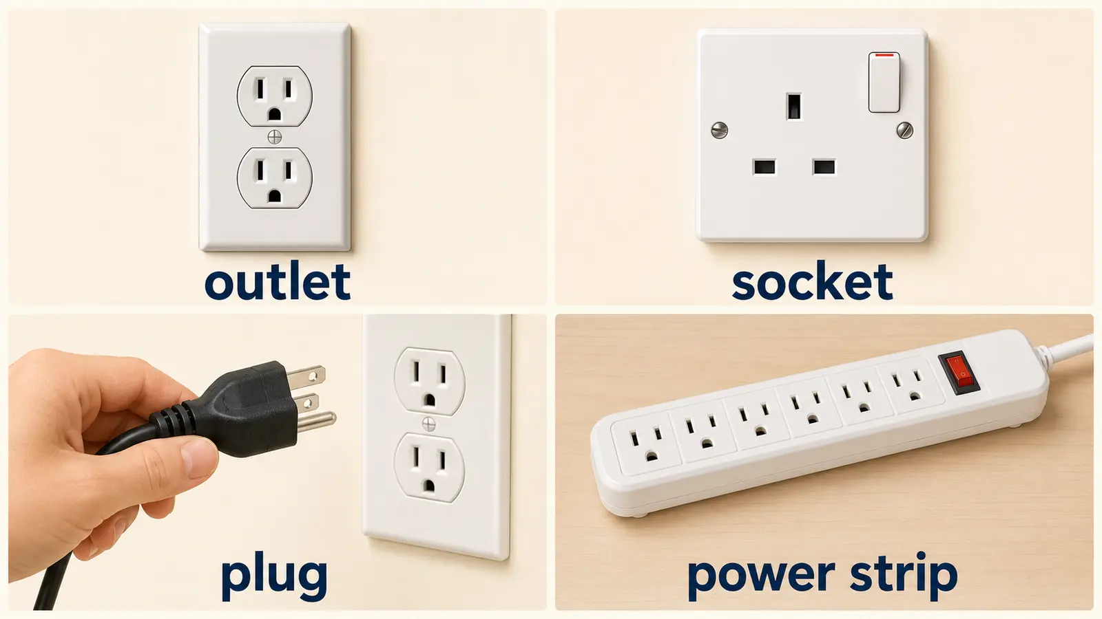 outlet、socket、plug、power stripの違いを示す比較図