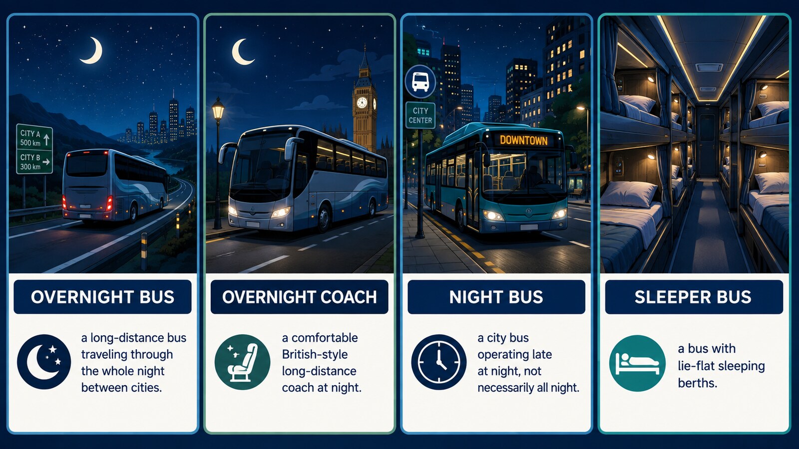 overnight bus・overnight coach・night bus・sleeper busの違いを示す比較図