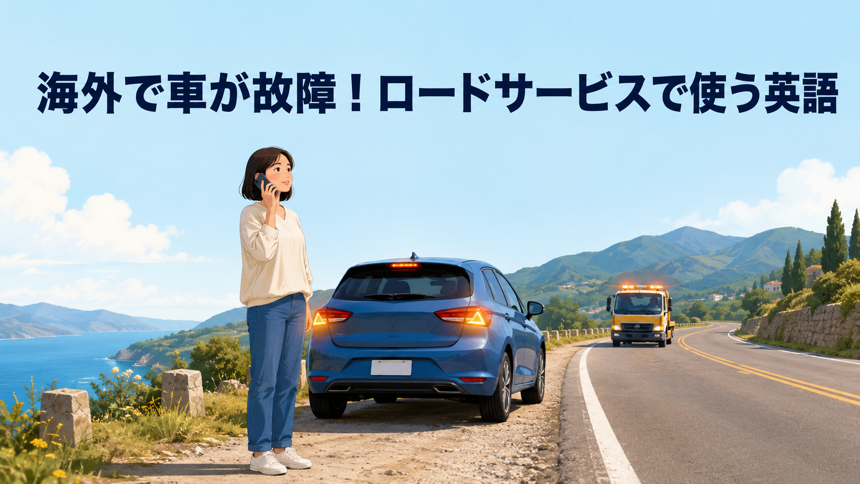 海外の道路で故障したレンタカーを安全な場所に止め、電話でロードサービスを呼ぶ日本人旅行者