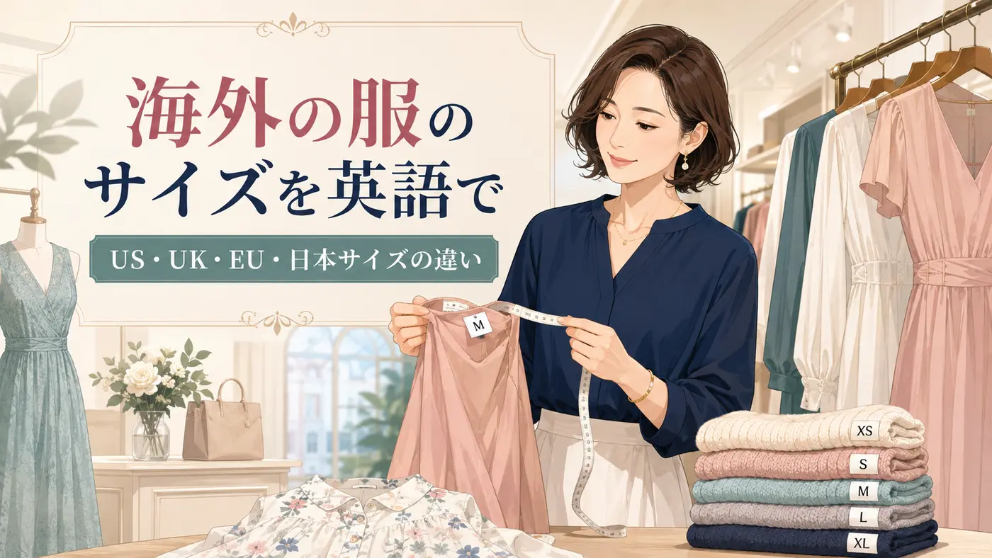 海外の服のサイズを英語で解説する女性向けイラスト