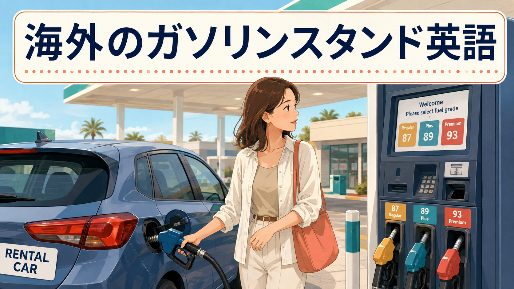 海外のセルフ式ガソリンスタンドで給油機を確認しながらレンタカーに給油する日本人旅行者