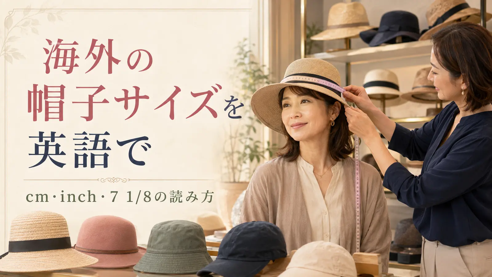 海外の帽子店で帽子サイズを測る女性