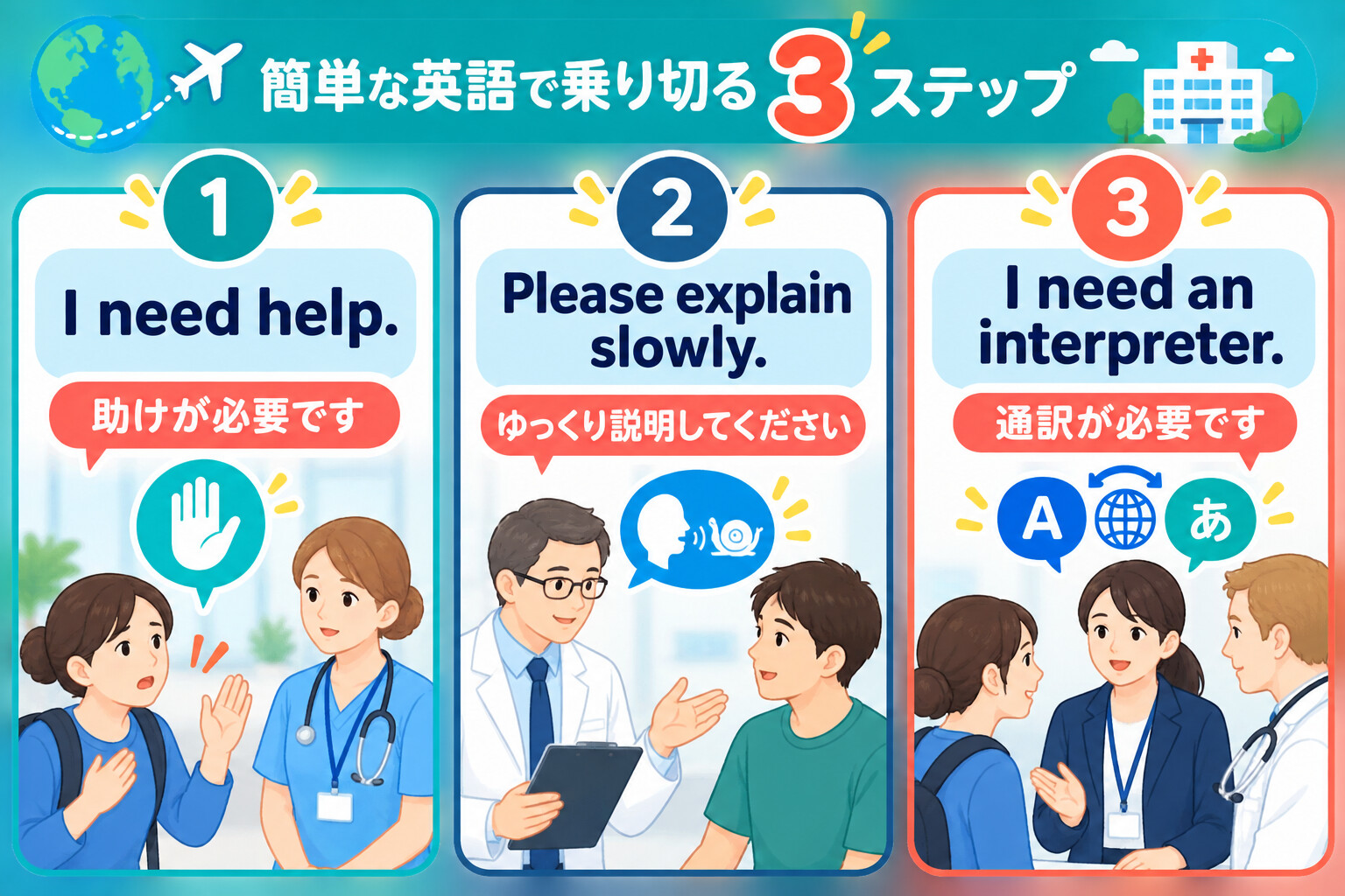海外の病院で助け・ゆっくりした説明・通訳を頼む簡単英語3ステップ