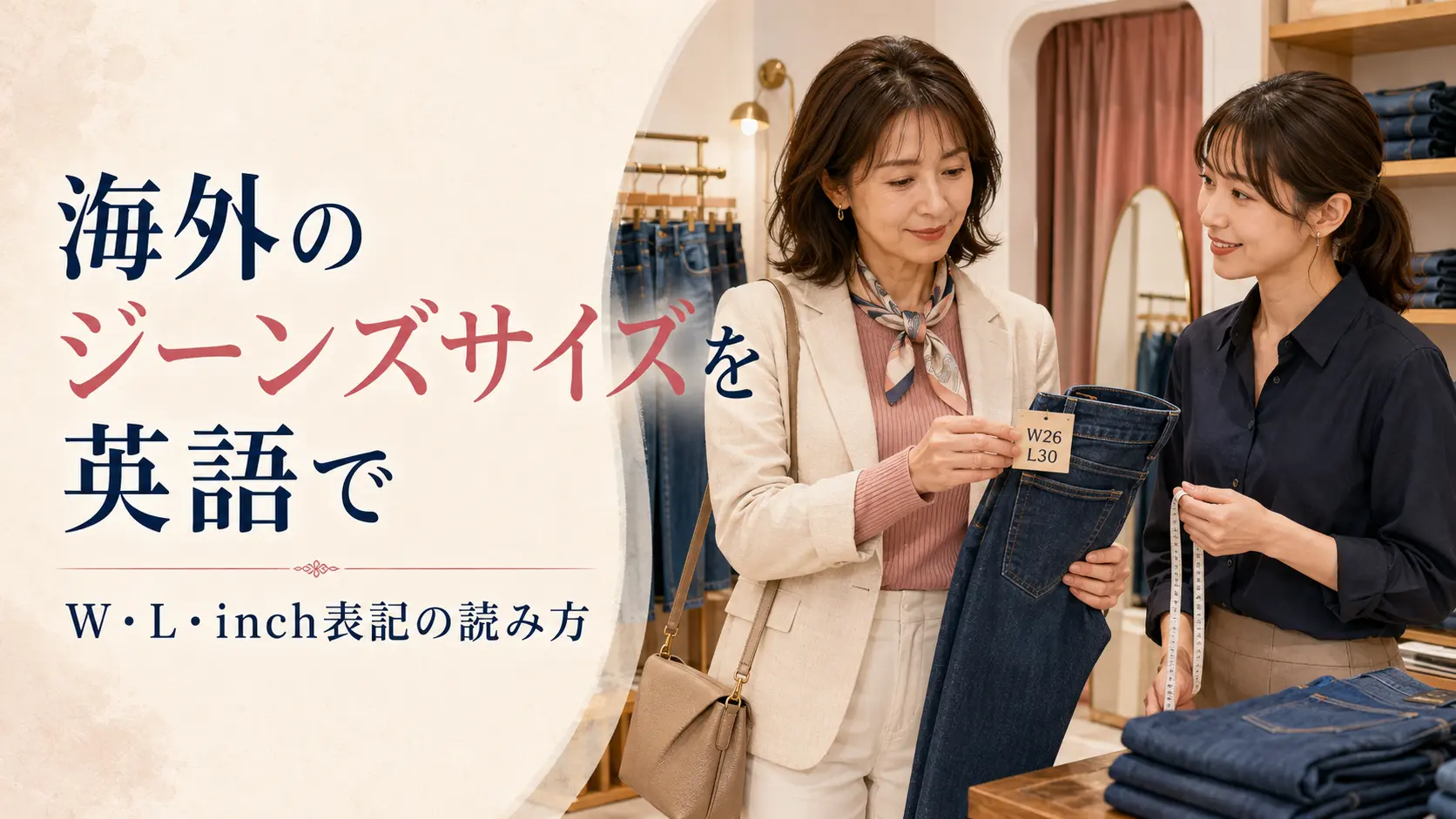 海外のジーンズサイズとW・L表記を解説するアイキャッチ