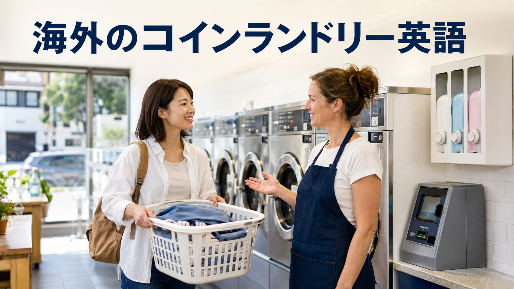 海外のコインランドリーで店員に英語で使い方を尋ねる日本人旅行者