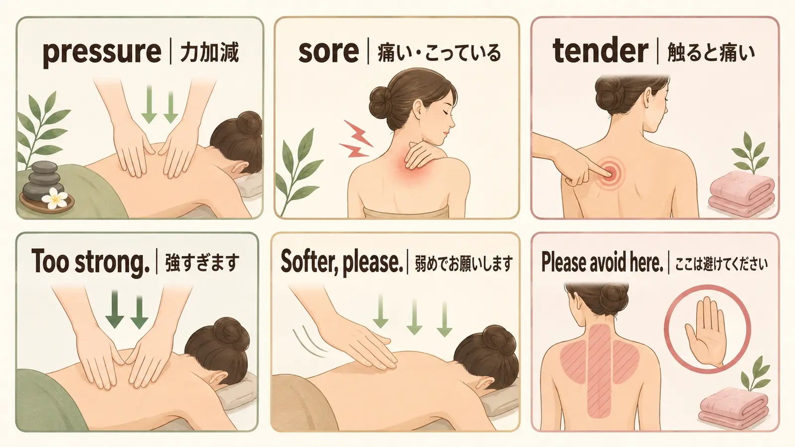 pressure・sore・tender・Too strong・Softer please・Please avoid hereの図解