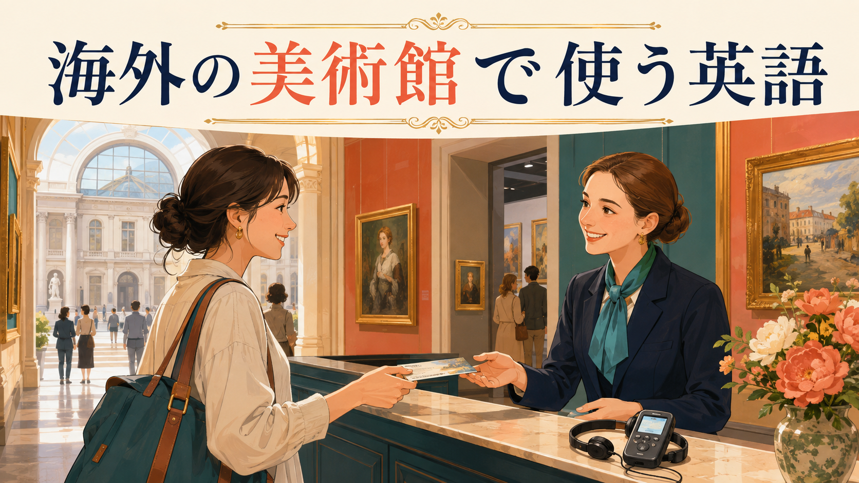 海外の美術館でチケットを受け取る日本人旅行者
