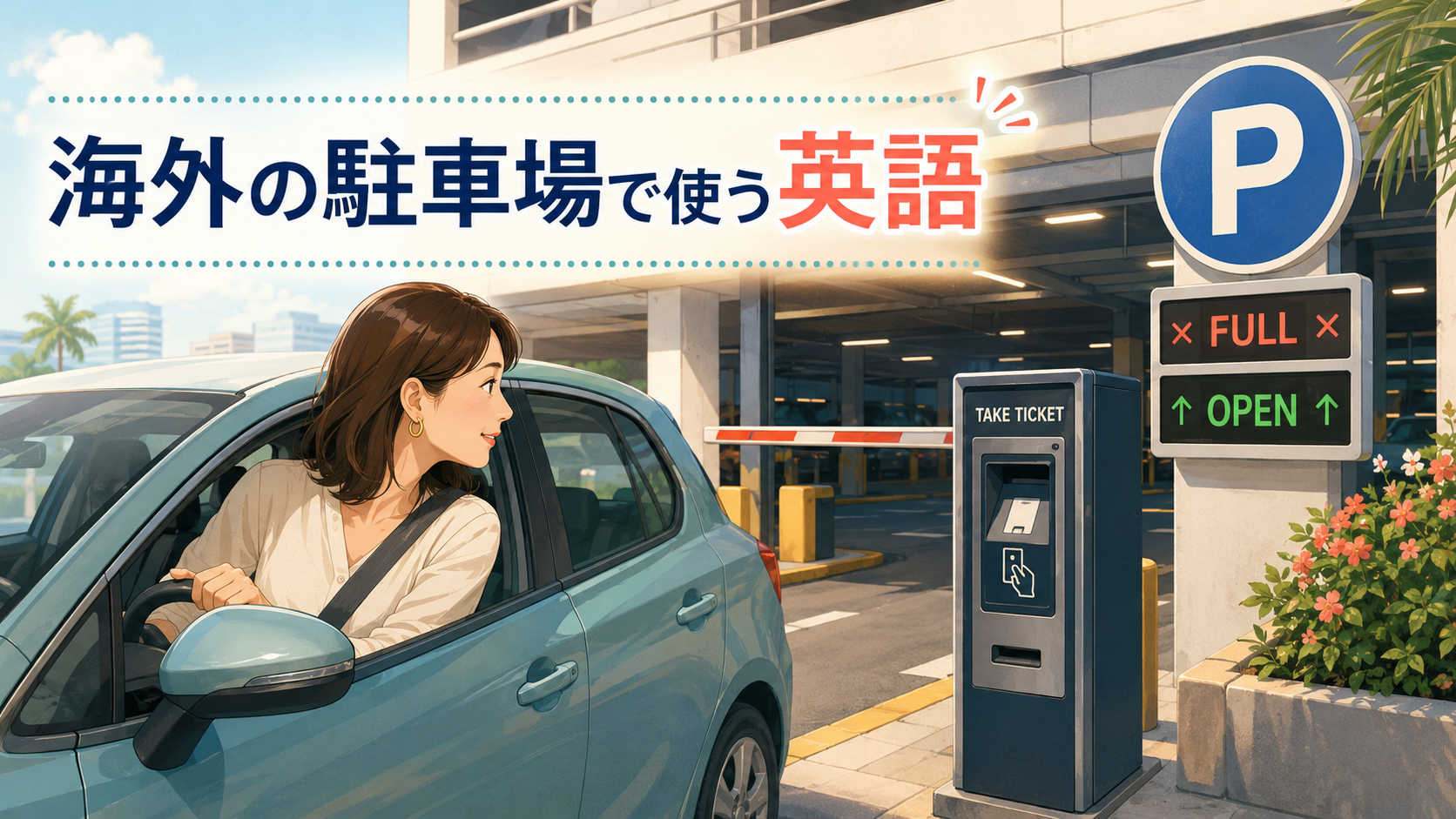 海外の立体駐車場入口で表示と発券機を確認するレンタカー運転中の日本人旅行者