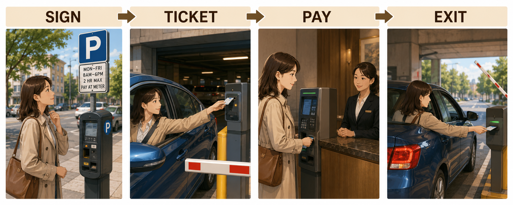 海外駐車場で標識確認、駐車券受取、料金精算、出口通過を行う4つの場面
