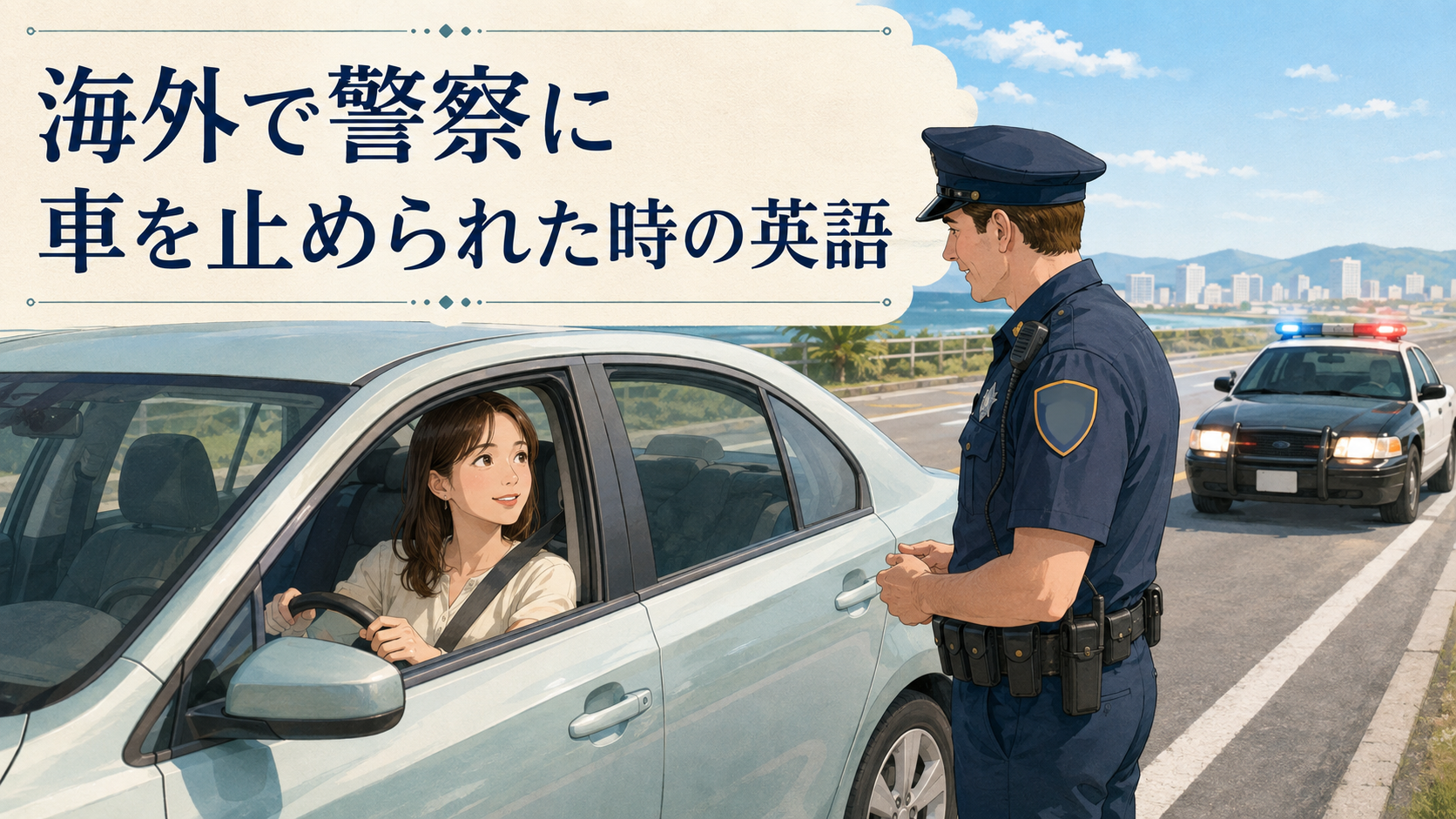 海外で警察に車を止められ、安全な路肩に停車して両手をハンドルに置く日本人旅行者
