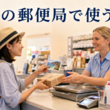 海外の郵便局で日本へ送るはがきと小包について英語で尋ねる日本人旅行者