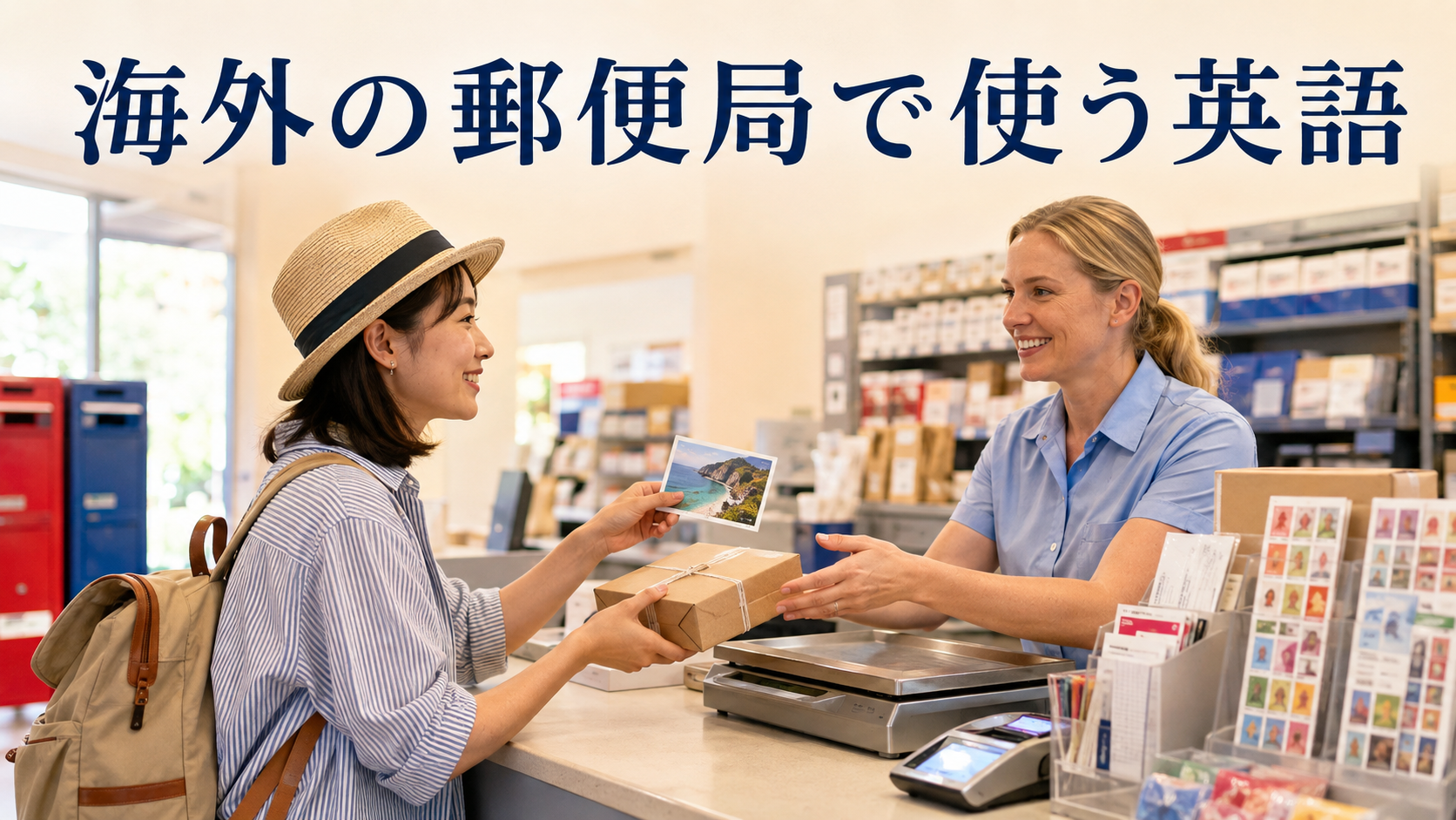 海外の郵便局で日本へ送るはがきと小包について英語で尋ねる日本人旅行者