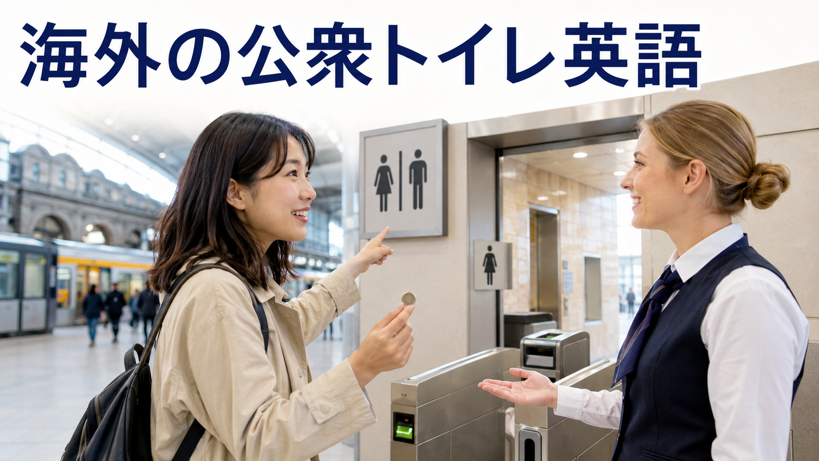 海外の駅で有料公衆トイレの使い方を英語で尋ねる日本人旅行者