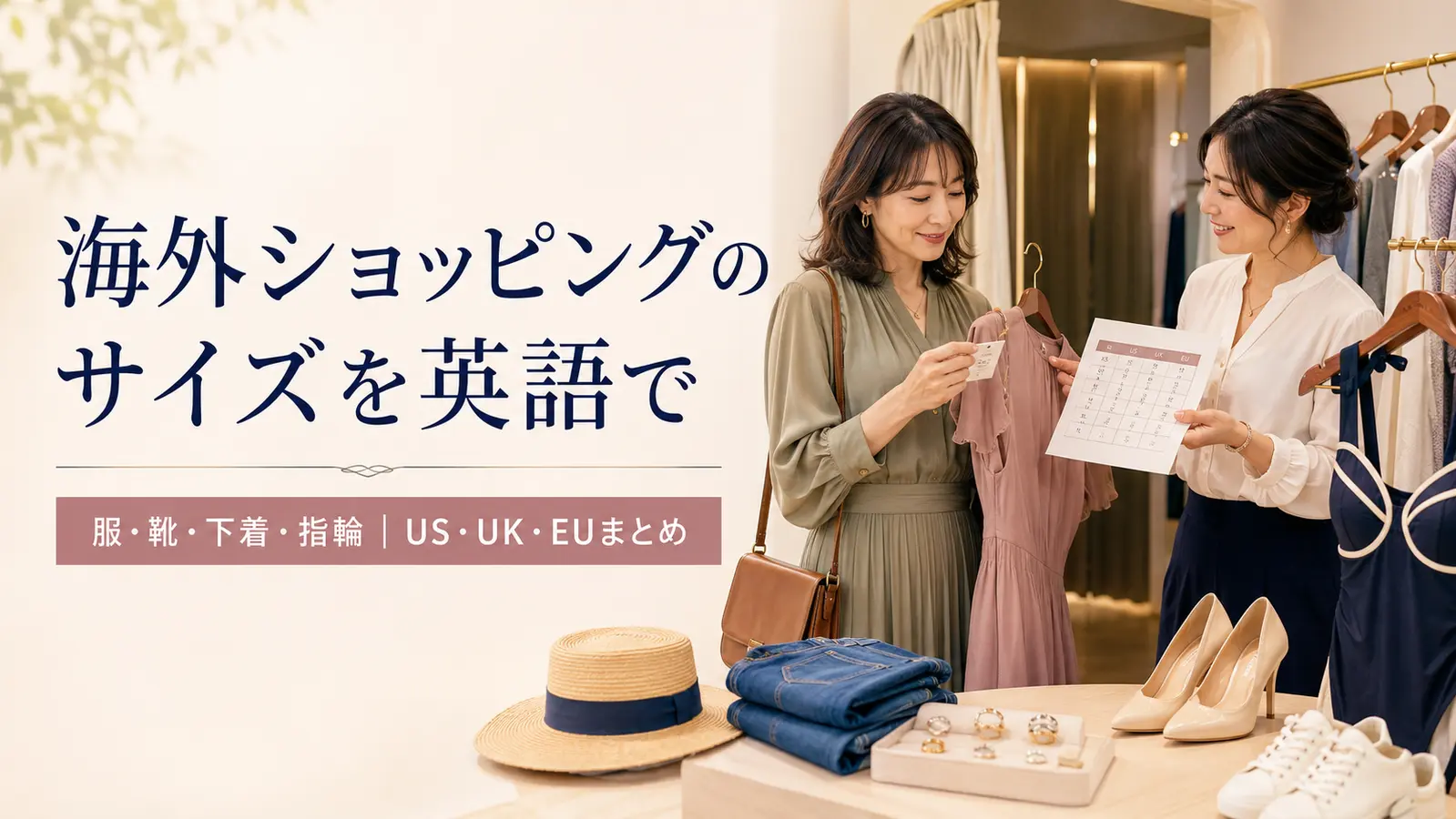 海外のファッション店でサイズ表を確認する女性