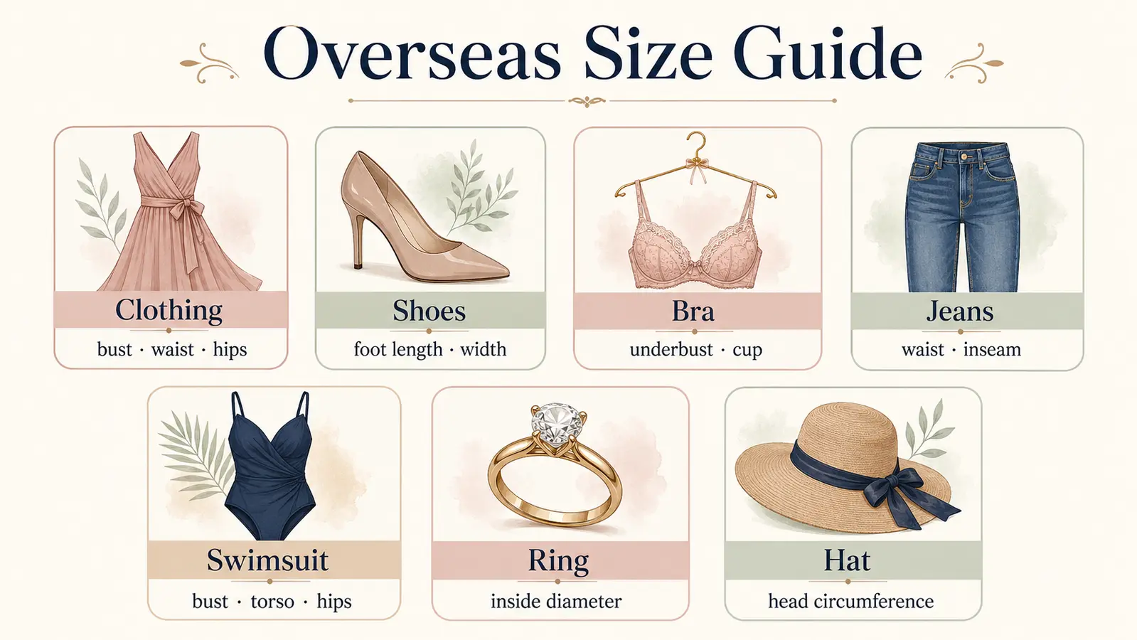 服・靴・ブラ・ジーンズ・水着・指輪・帽子の採寸英語一覧