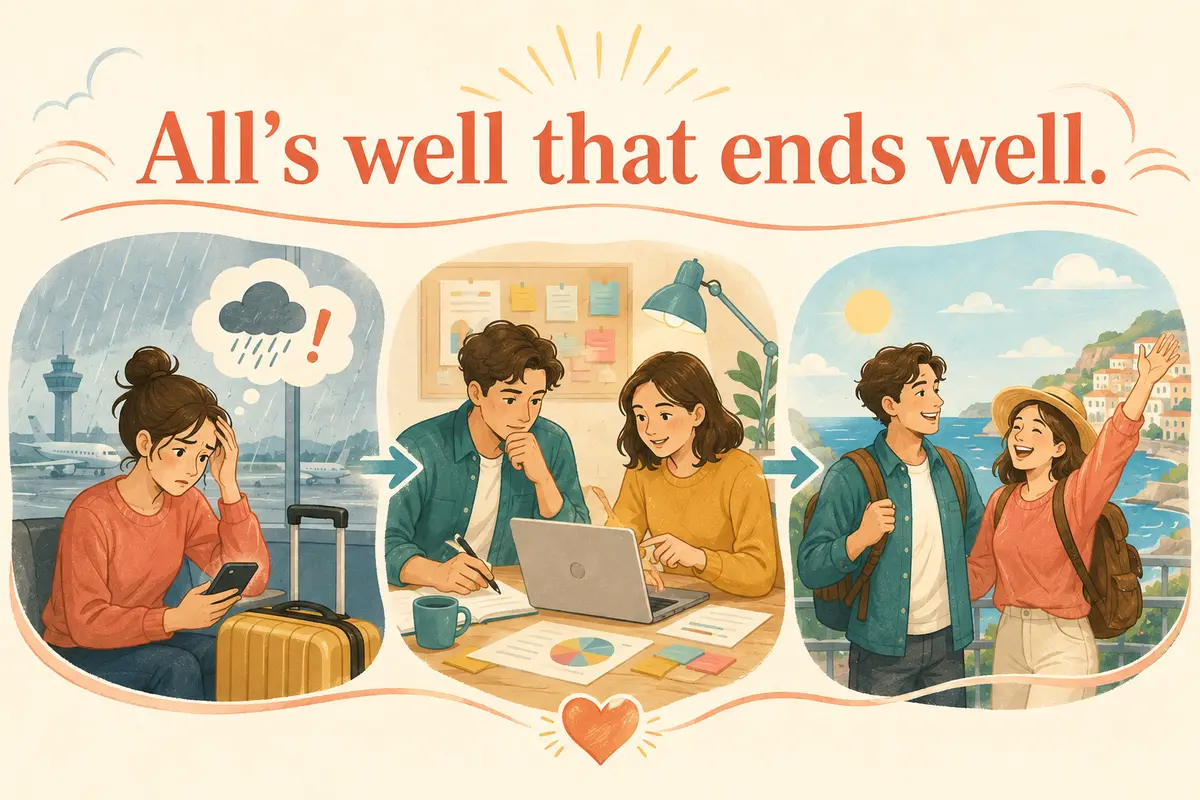 All's well that ends well. と書かれた、困難を乗り越えて旅行を楽しむ人たちのイラスト