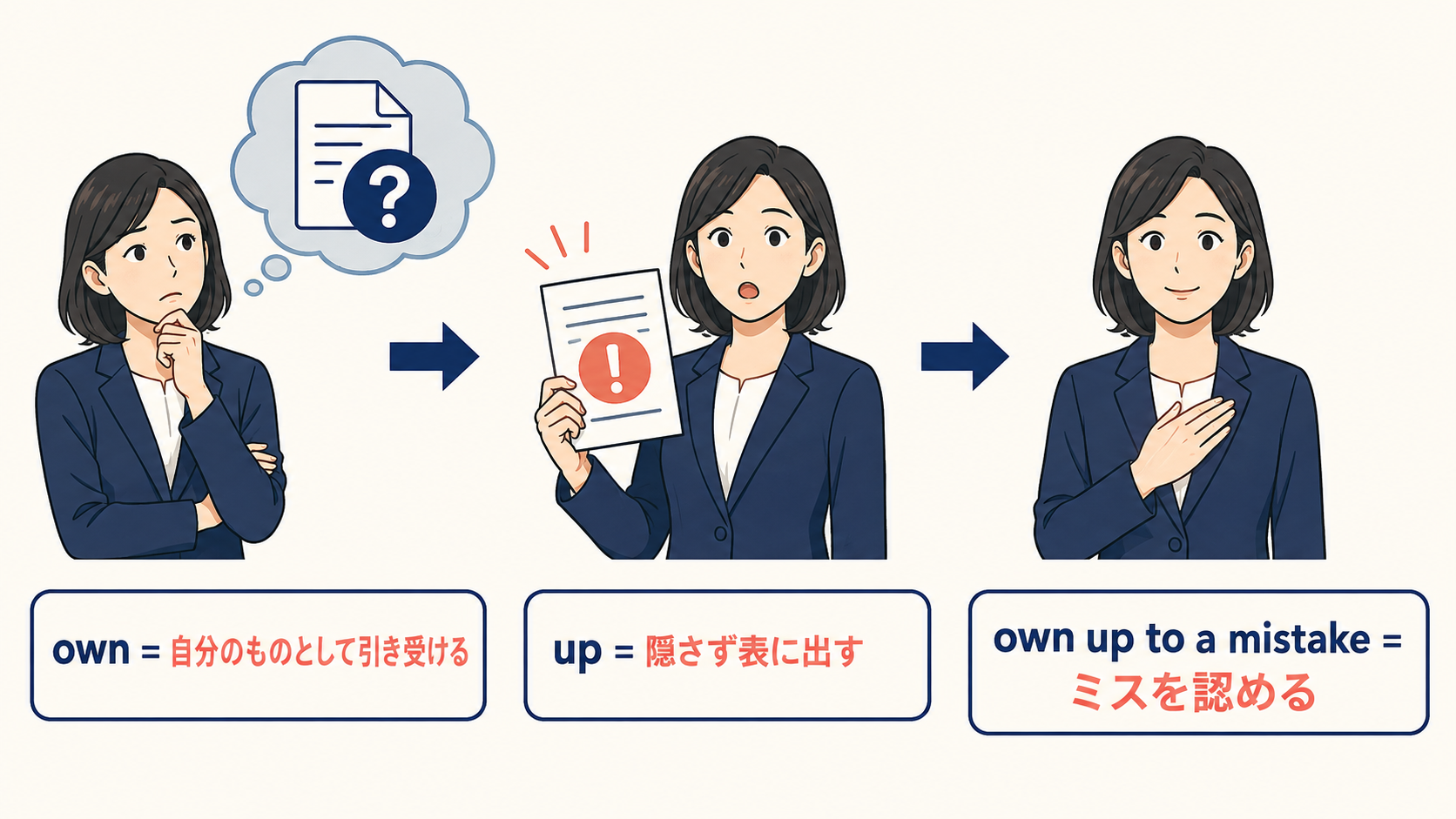ownとupのイメージからown upの意味を理解する解説イラスト