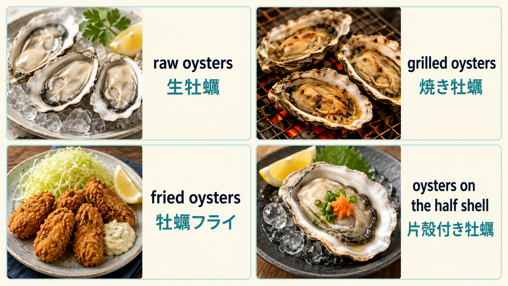生牡蠣・焼き牡蠣・牡蠣フライ・片殻付き牡蠣の英語表現
