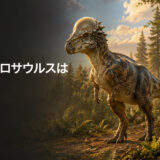 白亜紀後期の森に立つ丸い頭骨ドームのパキケファロサウルスと「パキケファロサウルスは英語で?」の文字
