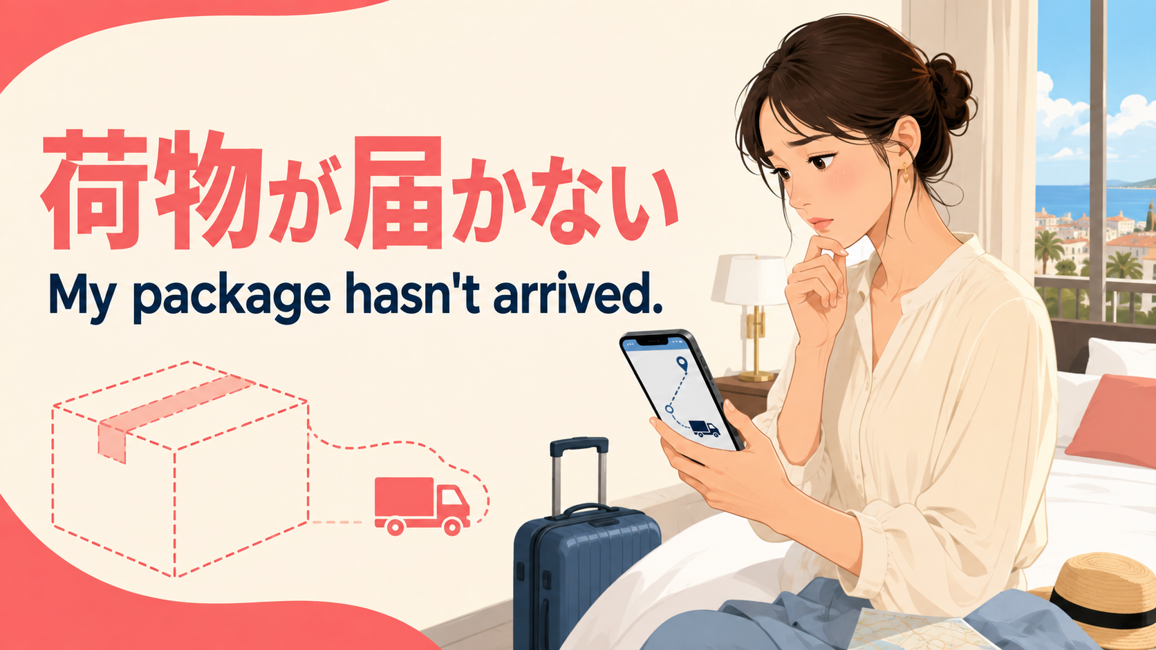 荷物が届かず追跡画面を確認する日本人旅行者とMy package hasn't arrivedの英語