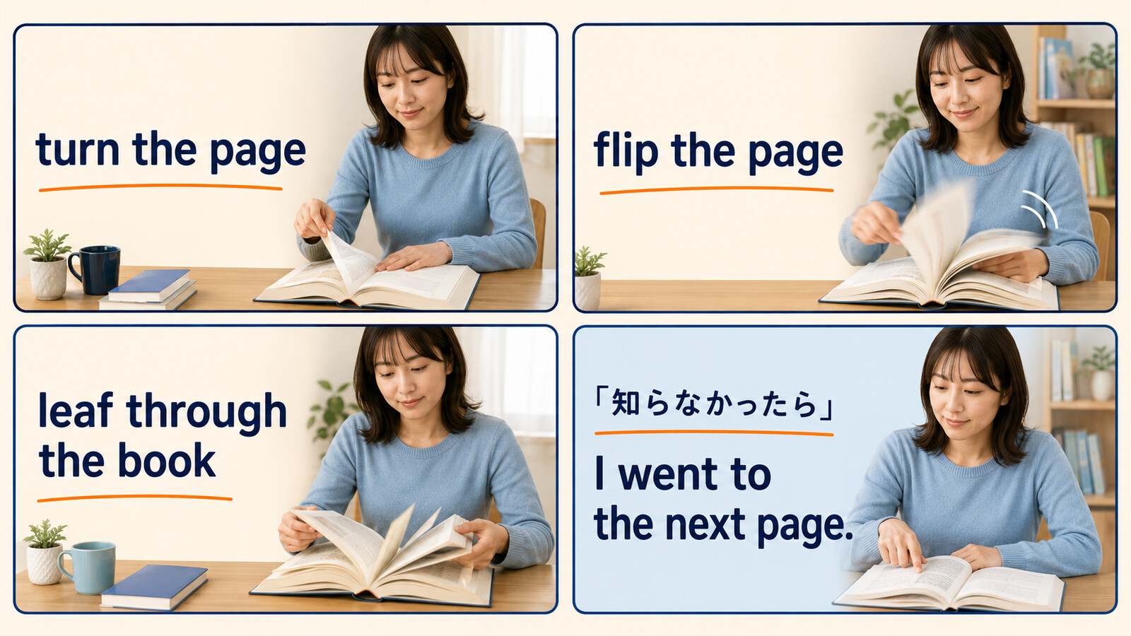 turn the pageとflip the page、leaf through、簡単な英語での言い換え比較