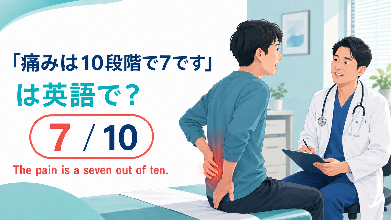 「痛みは10段階で7です」は英語でThe pain is a seven out of tenと説明するアイキャッチ