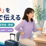 「痛い」を英語で伝える方法と頭痛・腰痛・筋肉痛・腹痛を紹介するアイキャッチ